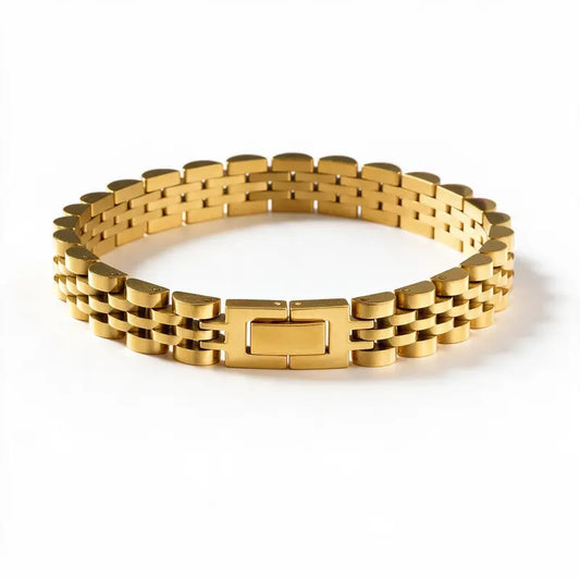 Gold jubilee-style watch link bracelet, on a plain white background.