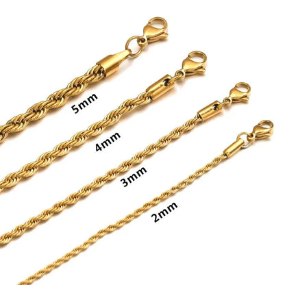 Four gold twisted rope chain bracelets labeled by width — 2mm, 3mm, 4mm, and 5mm — laid diagonally on a white background.