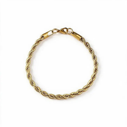 Gold twisted Singapore rope chain bracelet, on a plain white background.