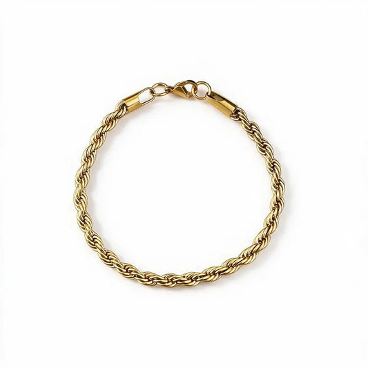 Gold twisted Singapore rope chain bracelet, on a plain white background.