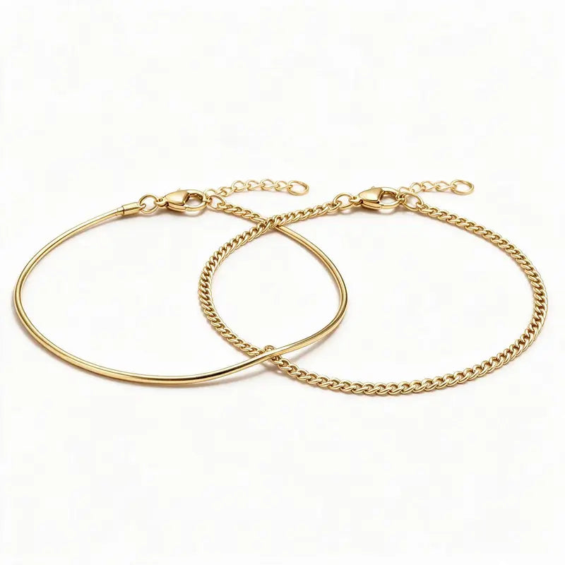 Signature Layered Bracelet Set, 14K gold wire bracelet and curb chain bracelet, white background