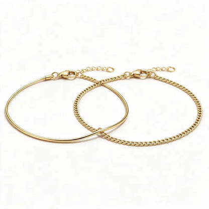 Signature Layered Bracelet Set, 14K gold wire bracelet and curb chain bracelet, white background