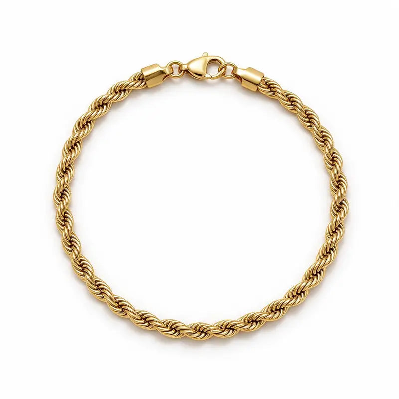 Gold twisted rope chain bracelet, on a plain white background.