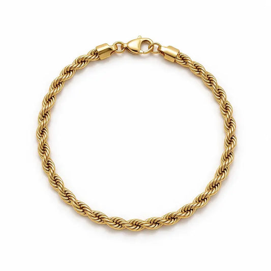 Gold twisted rope chain bracelet, on a plain white background.