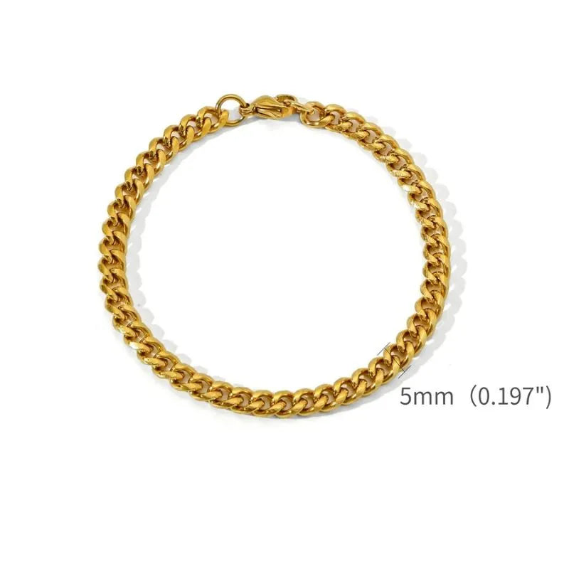 Gold Cuban link bracelet laid flat in a circle on a white background, labeled with a 5mm (0.197") link width.
