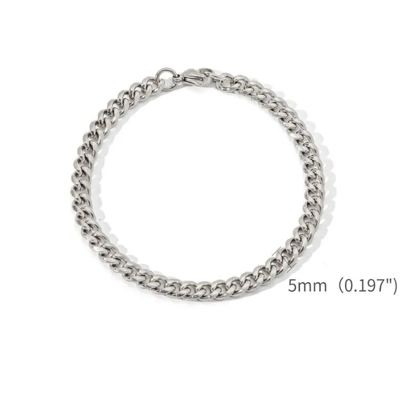 Silver-tone Cuban link bracelet laid flat in a circle on a white background, labeled with a 5mm (0.197") link width.