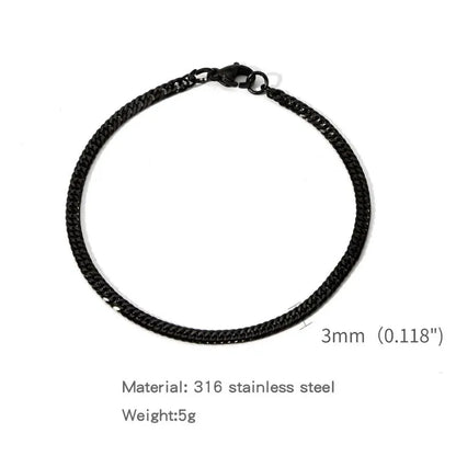 Black-finish Cuban link bracelet laid flat in a circle on a white background, labeled 3mm (0.118") link width, 316 stainless steel, 5g weight.
