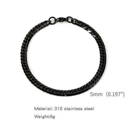 Black-finish Cuban link bracelet laid flat in a circle on a white background, labeled 5mm (0.197") link width, 316 stainless steel, 8g weight.