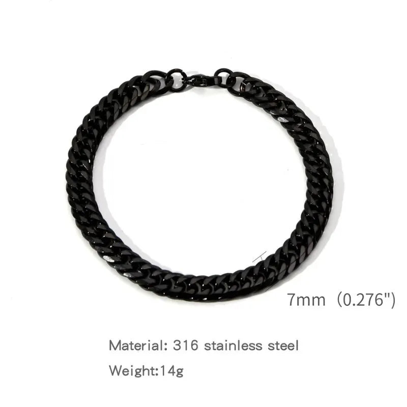 Black-finish Cuban link bracelet laid flat in a circle on a white background, labeled 7mm (0.276") link width, 316 stainless steel, 14g weight.