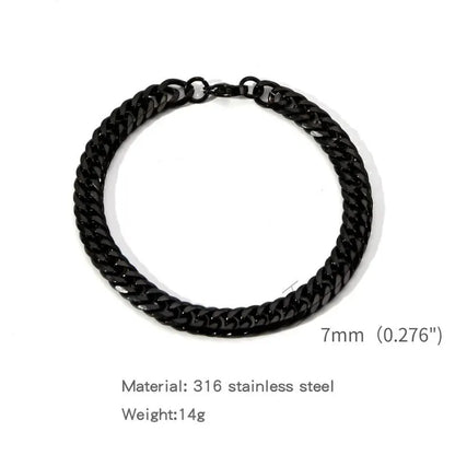Black-finish Cuban link bracelet laid flat in a circle on a white background, labeled 7mm (0.276") link width, 316 stainless steel, 14g weight.