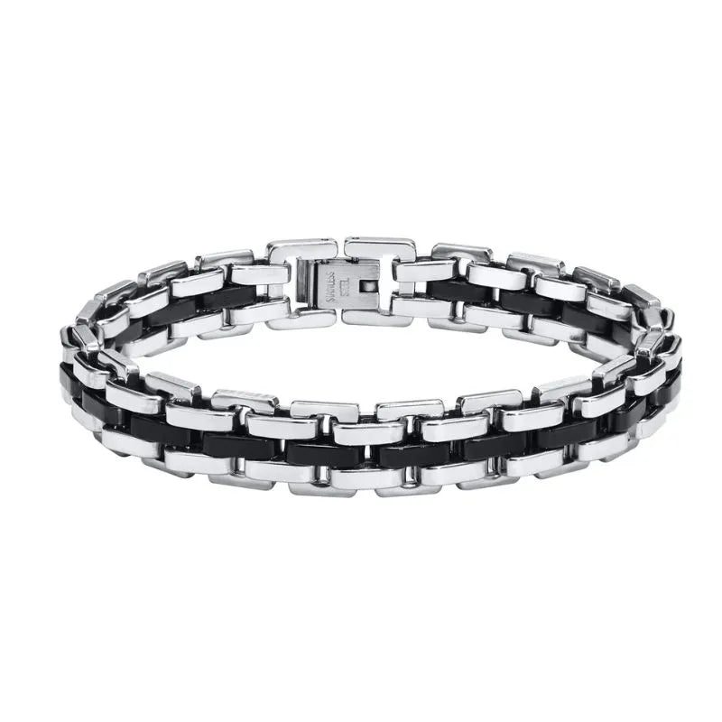 Apex Watchband Link Bracelet showcasing a modern stainless steel watchband design with a secure fold-over clasp.