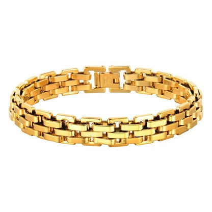 Black watchband-link bracelet laid in an oval on a plain white background.