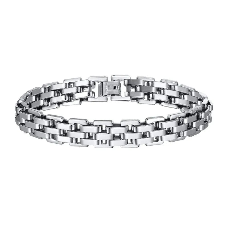 Silver watchband-link bracelet laid in an oval on a plain white background.