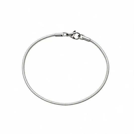 Silver thin snake chain bracelet with a lobster clasp, on a plain white background.