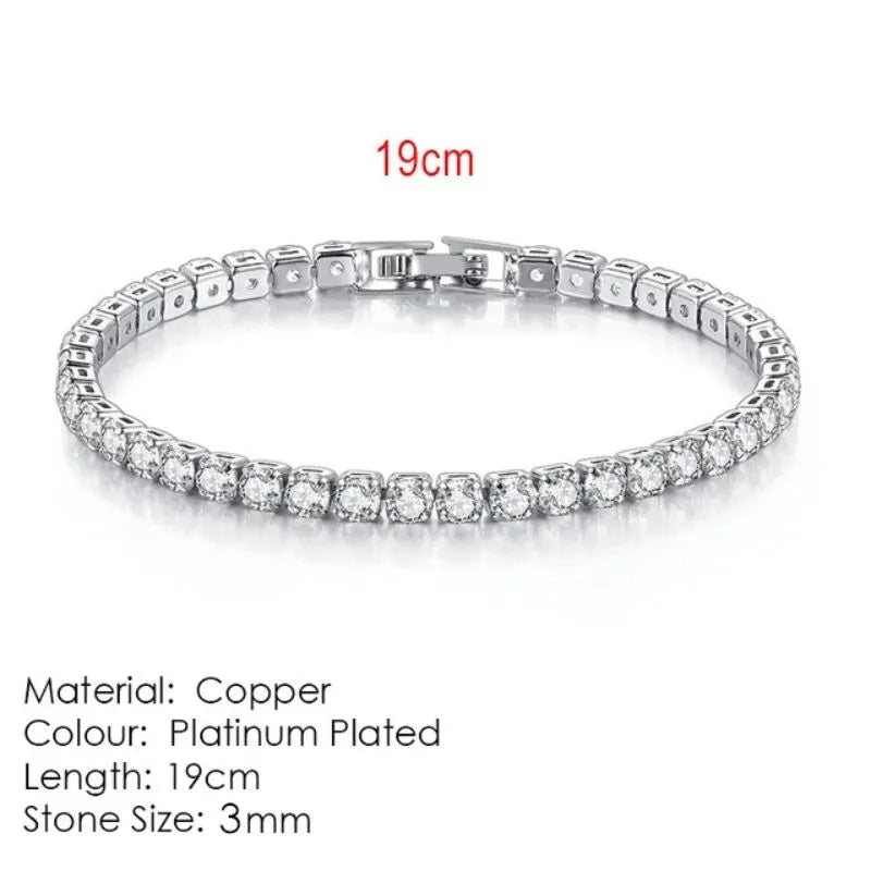 Silver tennis bracelet laid flat on a white background, labeled 19cm length, Material: Copper, Colour: Platinum Plated, Stone Size: 3mm.