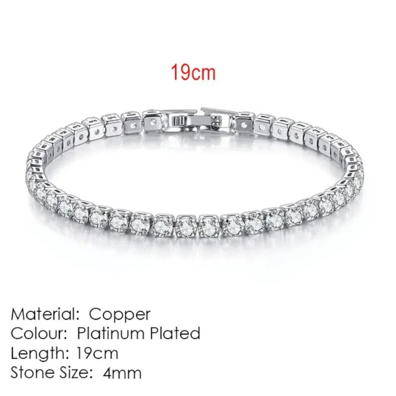 Silver tennis bracelet laid flat on a white background, labeled 19cm length, Material: Copper, Colour: Platinum Plated, Stone Size: 4mm.