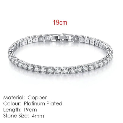 Silver tennis bracelet laid flat on a white background, labeled 19cm length, Material: Copper, Colour: Platinum Plated, Stone Size: 4mm.