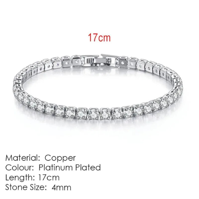 Silver tennis bracelet laid flat on a white background, labeled 17cm length, Material: Copper, Colour: Platinum Plated, Stone Size: 4mm.