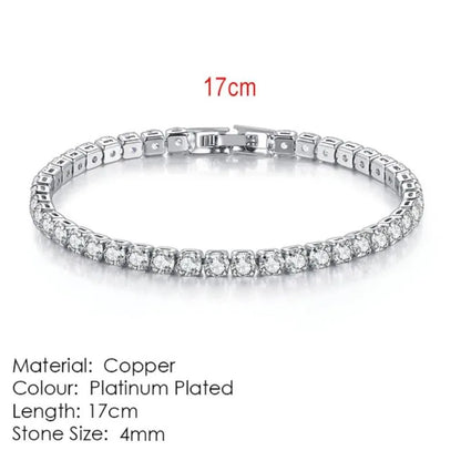 Silver tennis bracelet laid flat on a white background, labeled 17cm length, Material: Copper, Colour: Platinum Plated, Stone Size: 4mm.