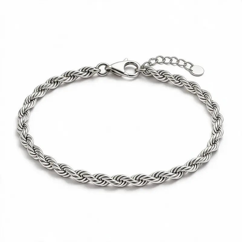 Silver twisted rope chain bracelet with a lobster clasp, round tag charm, and an adjustable extension chain, on a plain white background