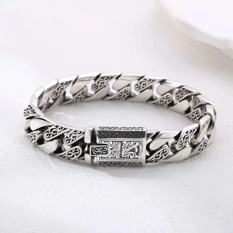 925 sterling silver Cuban bracelet with engraved links and a bold vintage-inspired design for men.