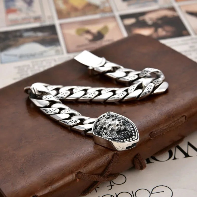 Vintage-style Cuban bracelet in genuine 925 sterling silver with an intricate lion design and secure clasp.