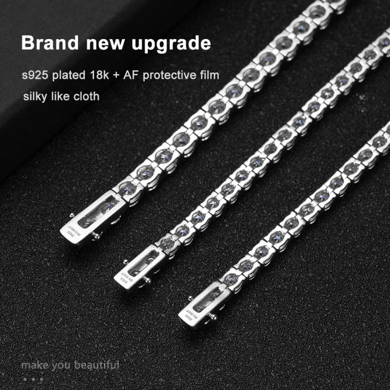 Marketing slide reading 'Brand new upgrade, s925 plated 18k + AF protective film, silky like cloth,' showing three tennis bracelet clasps with engraved hallmark stamps on a black textured surface.
