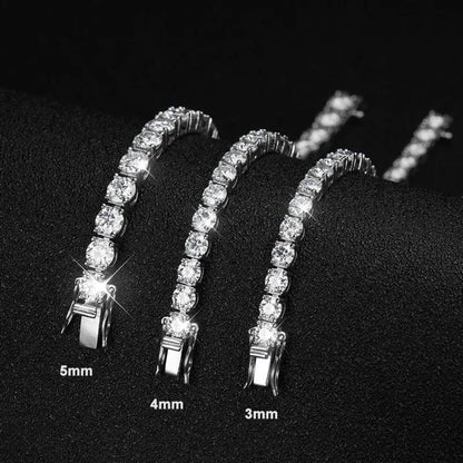 Three tennis bracelets in 3mm, 4mm, and 5mm stone widths, laid diagonally on a black textured surface, labeled 'Real Moissanite, 3/4/5mm D color diamond, Pass diamond tester.'
