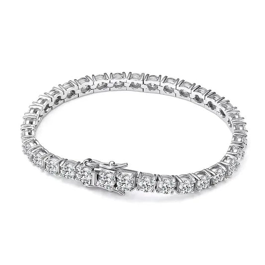 Silver tennis bracelet with round moissanite stones, on a plain white background.