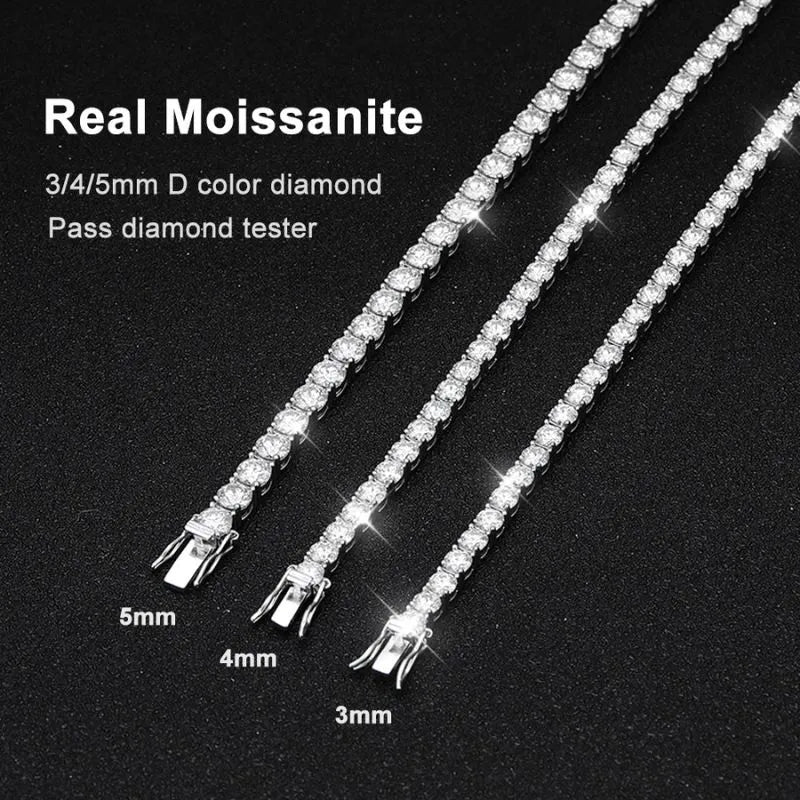 Silver tennis bracelet with moissanite stones laid flat in an oval on a plain white background.