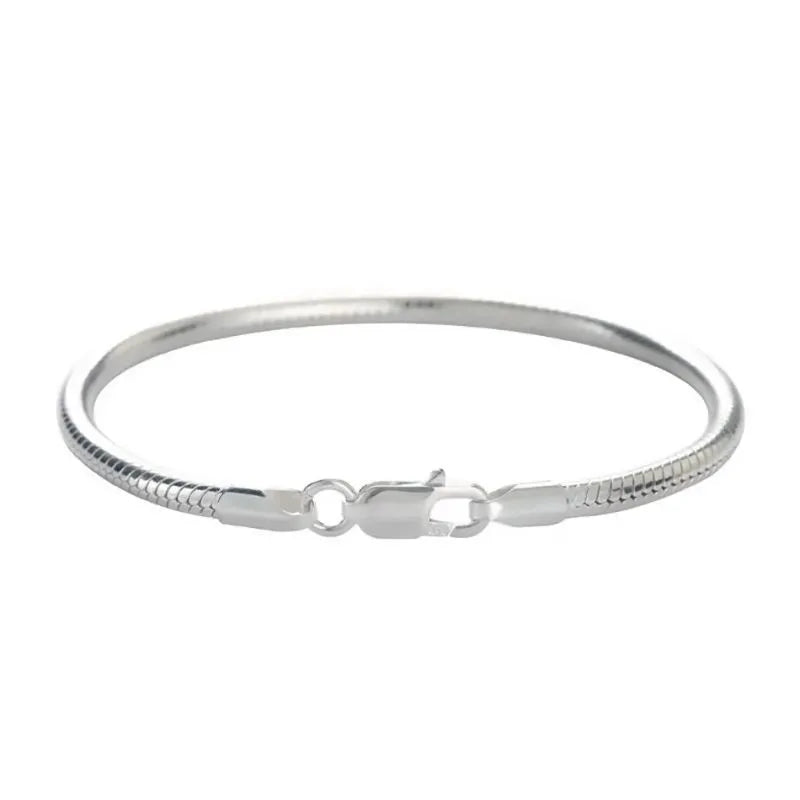 Silver snake chain bracelet laid flat in an oval on a plain white background.