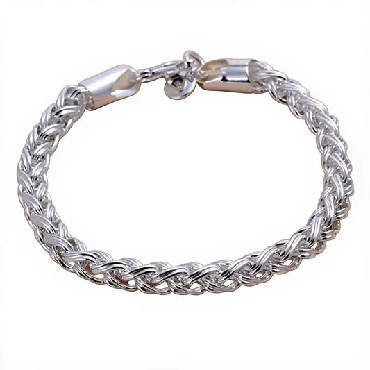 Silver wheat-chain bracelet with a lobster clasp, on a plain white background.