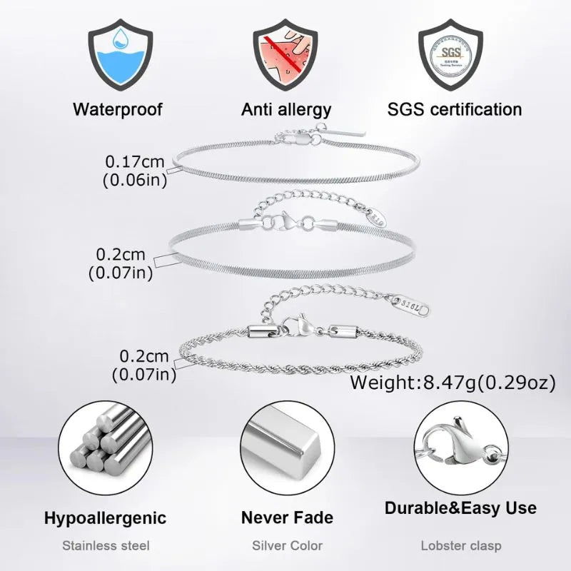 Infographic showing the three chain styles in the set — flat blade, snake, and twisted rope — laid flat with dimension labels and feature icons for waterproof, anti-allergy, and SGS certification.