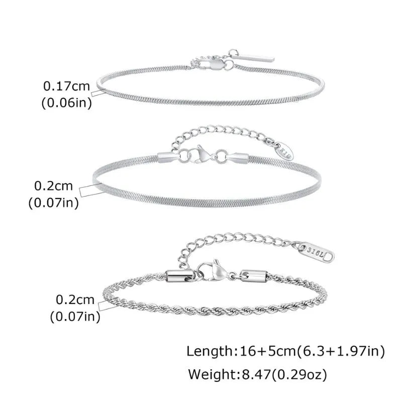 Infographic showing a flat blade, a wider flat blade, and a twisted rope chain bracelet with dimension labels, a '316L' stamp, and length and weight specifications.