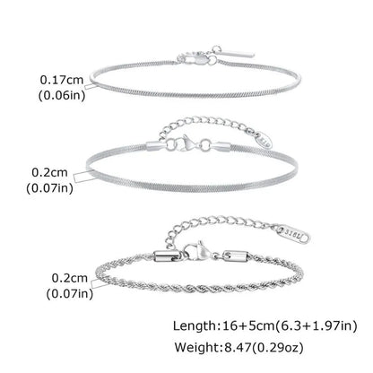 Infographic showing a flat blade, a wider flat blade, and a twisted rope chain bracelet with dimension labels, a '316L' stamp, and length and weight specifications.