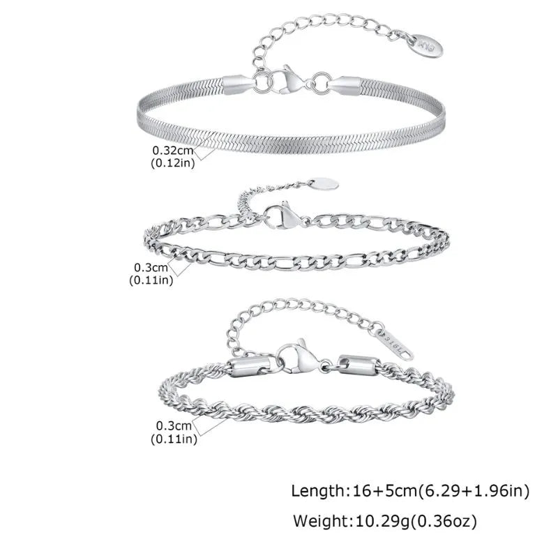 Infographic showing a wide flat blade, a figaro-style curb chain, and a twisted rope chain bracelet with dimension labels and length and weight specifications.