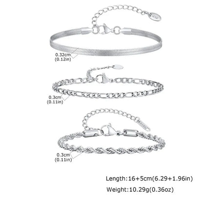 Infographic showing a wide flat blade, a figaro-style curb chain, and a twisted rope chain bracelet with dimension labels and length and weight specifications.