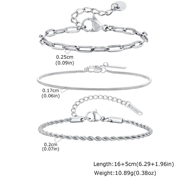 Infographic showing a paperclip chain, a snake chain, and a twisted rope chain bracelet with dimension labels, a '316L' stamp, and length and weight specifications.
