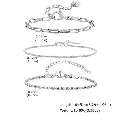 Infographic showing a paperclip chain, a snake chain, and a twisted rope chain bracelet with dimension labels, a '316L' stamp, and length and weight specifications.