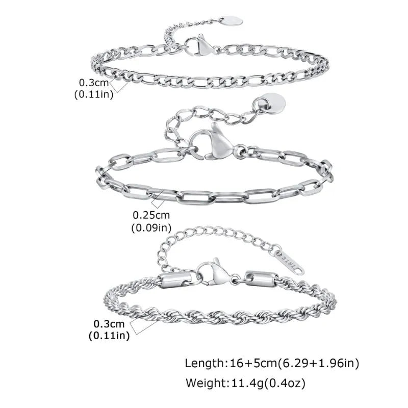 Infographic showing a figaro-style curb chain, a paperclip chain, and a twisted rope chain bracelet with dimension labels and length and weight specifications.