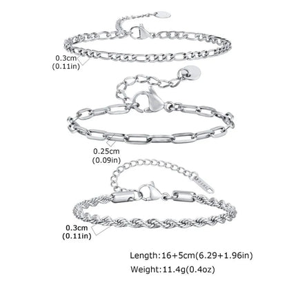 Infographic showing a figaro-style curb chain, a paperclip chain, and a twisted rope chain bracelet with dimension labels and length and weight specifications.