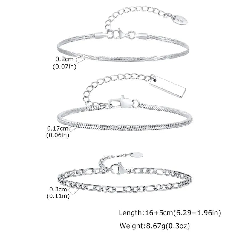 Infographic showing a wide snake chain, a thin snake chain, and a figaro-style curb chain bracelet with dimension labels and length and weight specifications.
