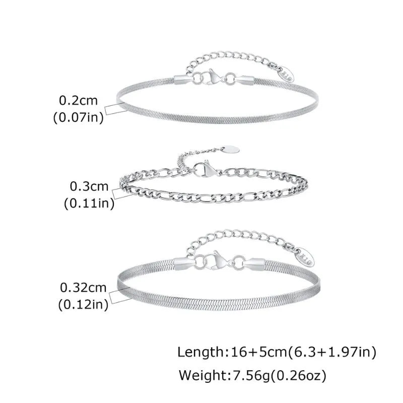 Infographic showing a snake chain, a figaro-style curb chain, and a wide flat blade chain bracelet with dimension labels and length and weight specifications.
