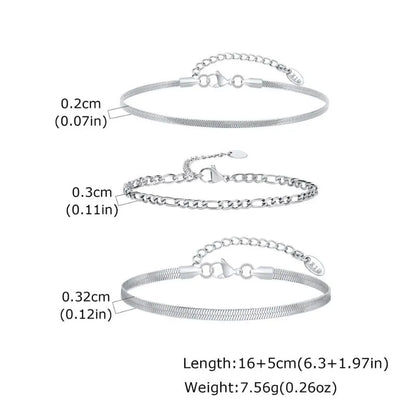 Infographic showing a snake chain, a figaro-style curb chain, and a wide flat blade chain bracelet with dimension labels and length and weight specifications.