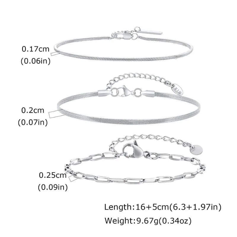 Infographic showing a thin snake chain, a wider snake chain, and a paperclip chain bracelet with dimension labels and length and weight specifications.