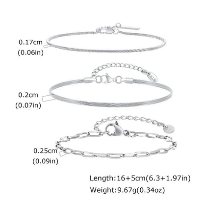 Infographic showing a thin snake chain, a wider snake chain, and a paperclip chain bracelet with dimension labels and length and weight specifications.