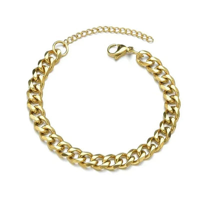 Gold-tone Cuban chain bracelet laid in a circle on a plain white background, with the lobster clasp and extension chain visible.
