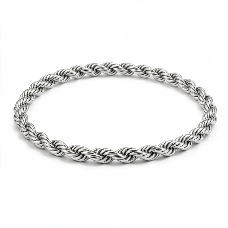 Silver stainless steel twisted rope chain bracelet product photo on white background