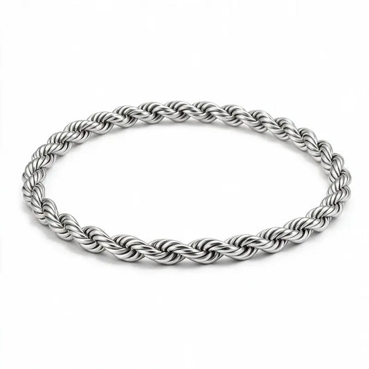 Silver stainless steel twisted rope chain bracelet product photo on white background