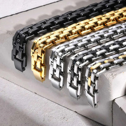 Stainless steel watch-link bracelets in silver, gold, black, and two-tone finishes